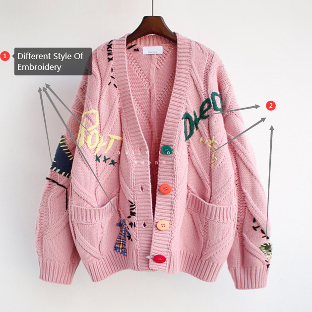 2022 Oversized Embroidery Jacquard Wool Viscose Cardigan Women's Casual Plus Size Knitted Front Button V-neck Thick Anti-Wrinkle