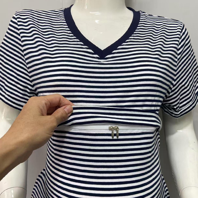 Summer Maternity Dress Loose Breastfeeding Dress Stripe V-neck Short Sleeve Nursing Dress for Pregnant Women Casual Nightwear
