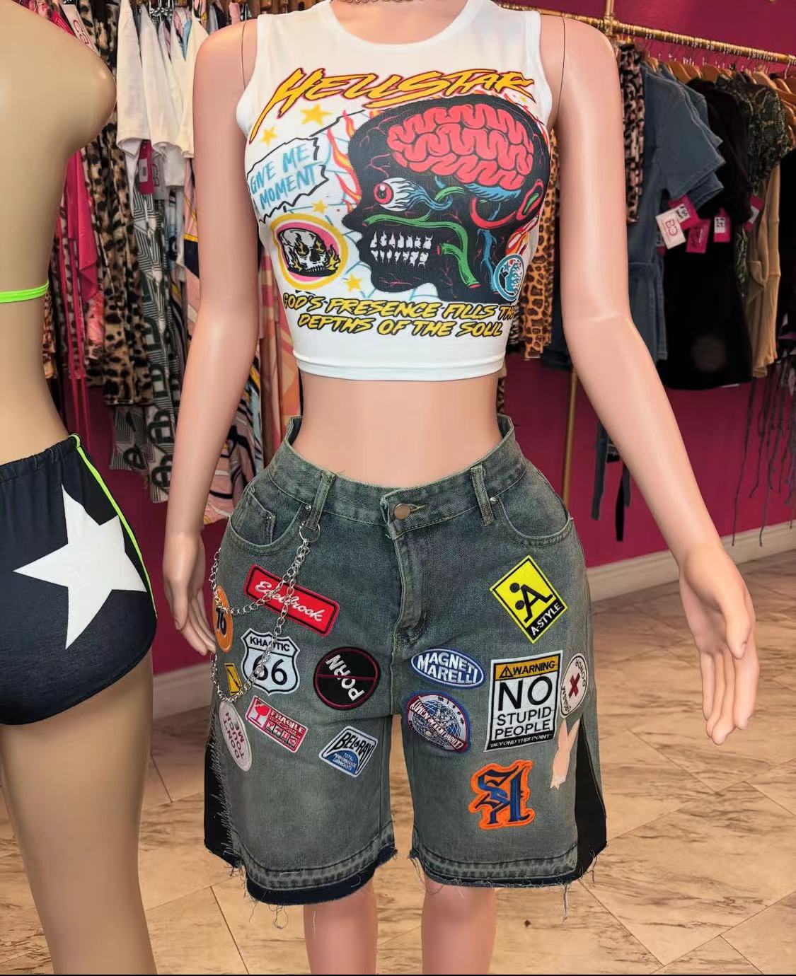 Women Print Tops Sets And Denim Shorts Sets Street Denim Jeans Shorts Women's Sets For Digital Print Top &amp; Denim Shorts Set