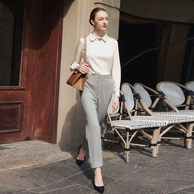 Women's Casual Style Satin Blouse with Turn down Collar Formal style