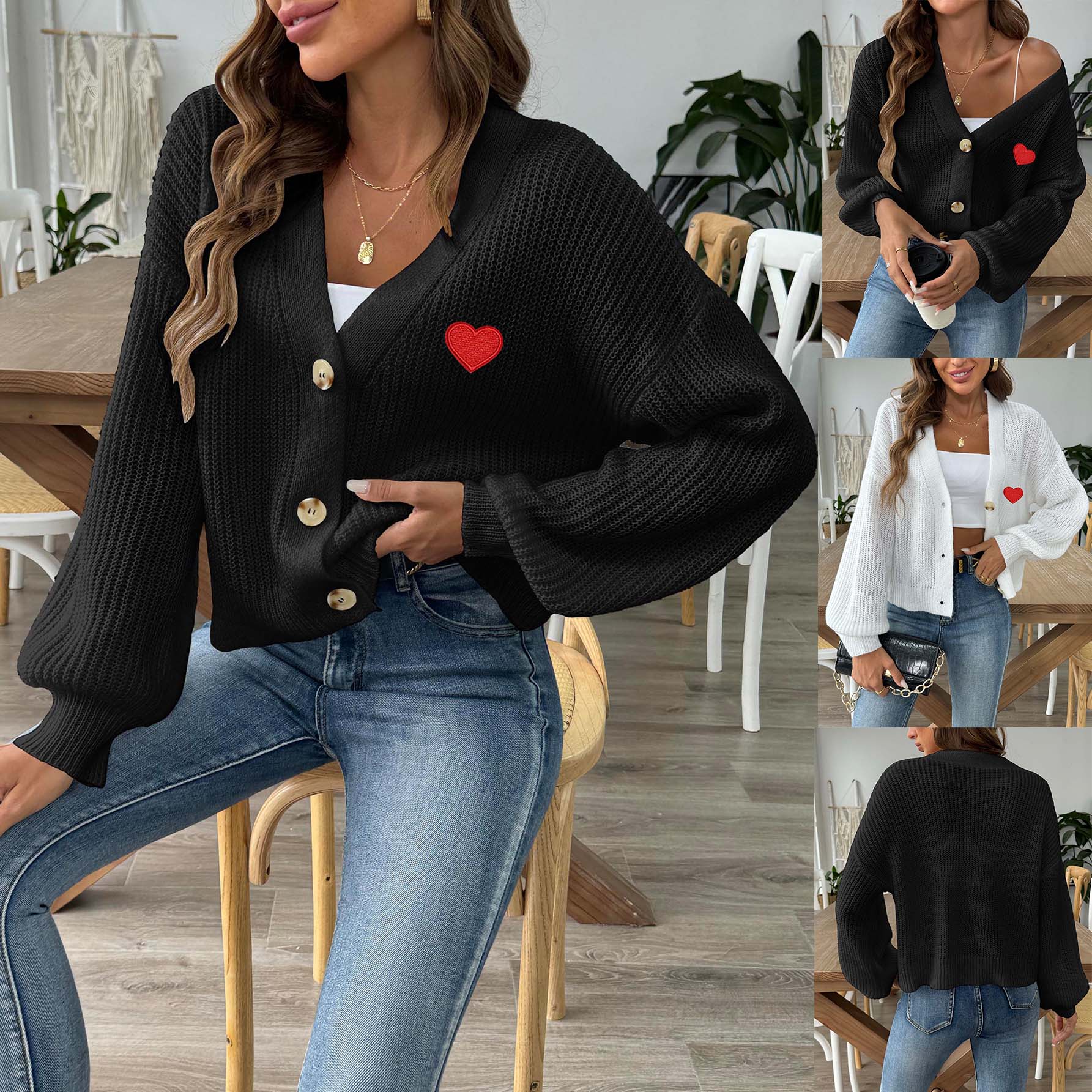 OEM Manufacturer's Women's Knitted Cardigan Sweater Casual Rib Open Front Blouse Coat Geometric Love Heart Embroidery Stocked