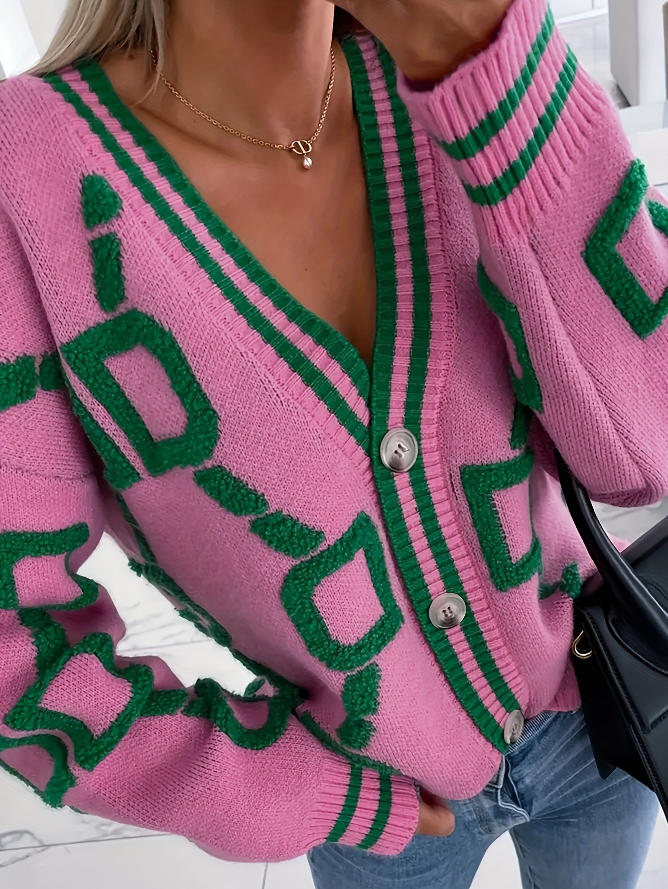 Women'S Autumn Winter V Neck Casual Cardigan Sweater Geometric Pattern Single Breasted Knitted Cardigan Female Sweater