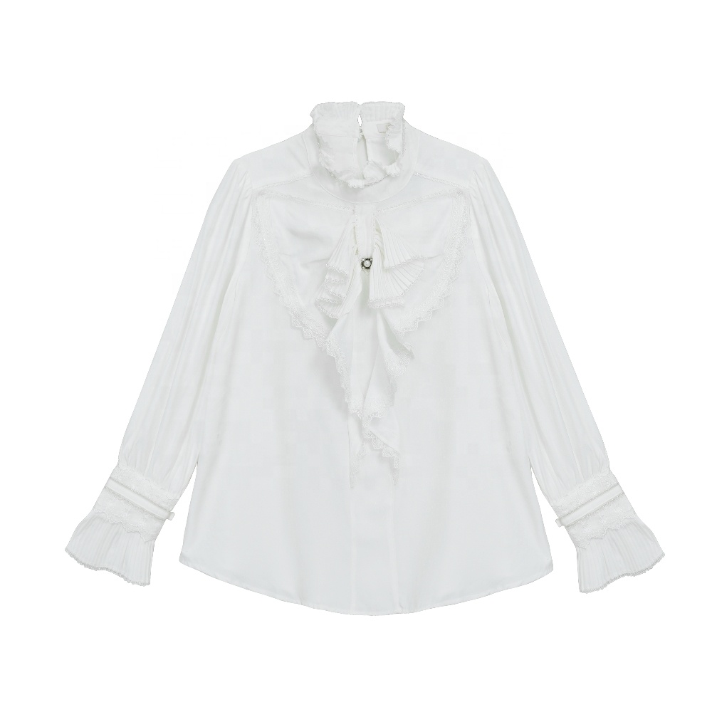 Spring Autumn Womens Clothing Pleated Jacquard Shirt Woman Satin Blouses and Top High Quality Tops Ladies Blouses