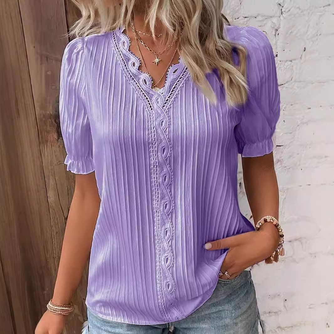 Women's Plus Size XL Blouse Top V-Neck Hollow Short Sleeve Casual Loose Street Apparel with Lace Decoration Breathable Design
