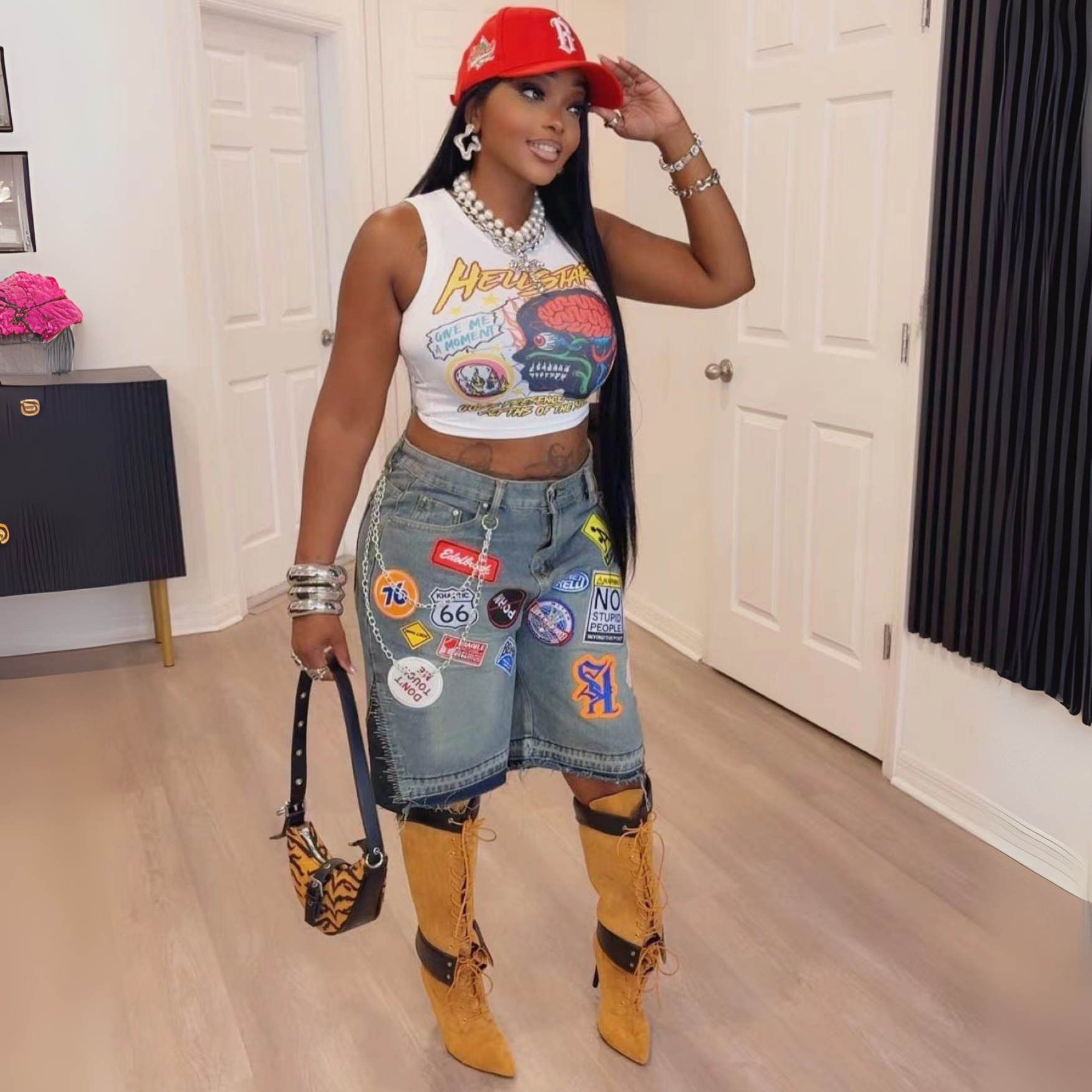 Women Print Tops Sets And Denim Shorts Sets Street Denim Jeans Shorts Women's Sets For Digital Print Top &amp; Denim Shorts Set