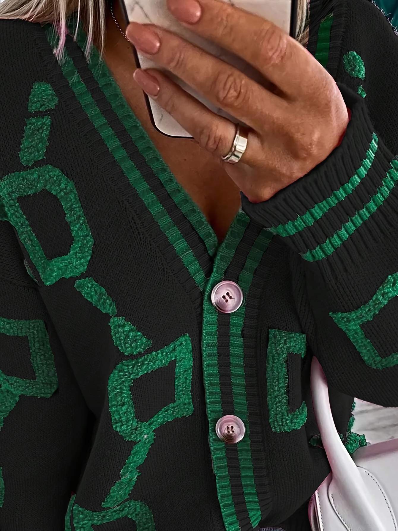Women'S Autumn Winter V Neck Casual Cardigan Sweater Geometric Pattern Single Breasted Knitted Cardigan Female Sweater