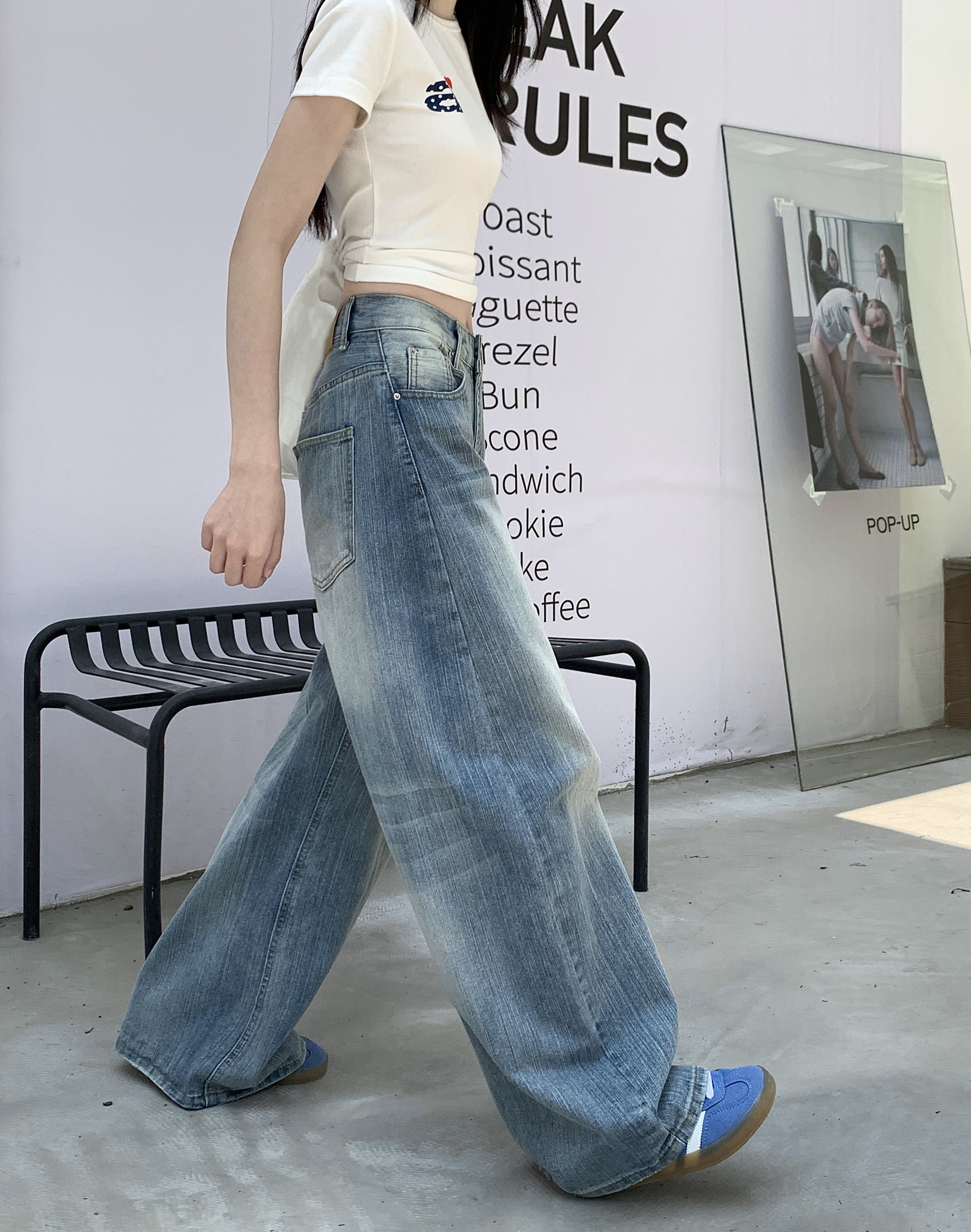 Vintage Nostalgic Machete Pants Women's High Waist All-Season Light Blue Denim Jeans Autumn Washed Loose Trousers with Wide Leg