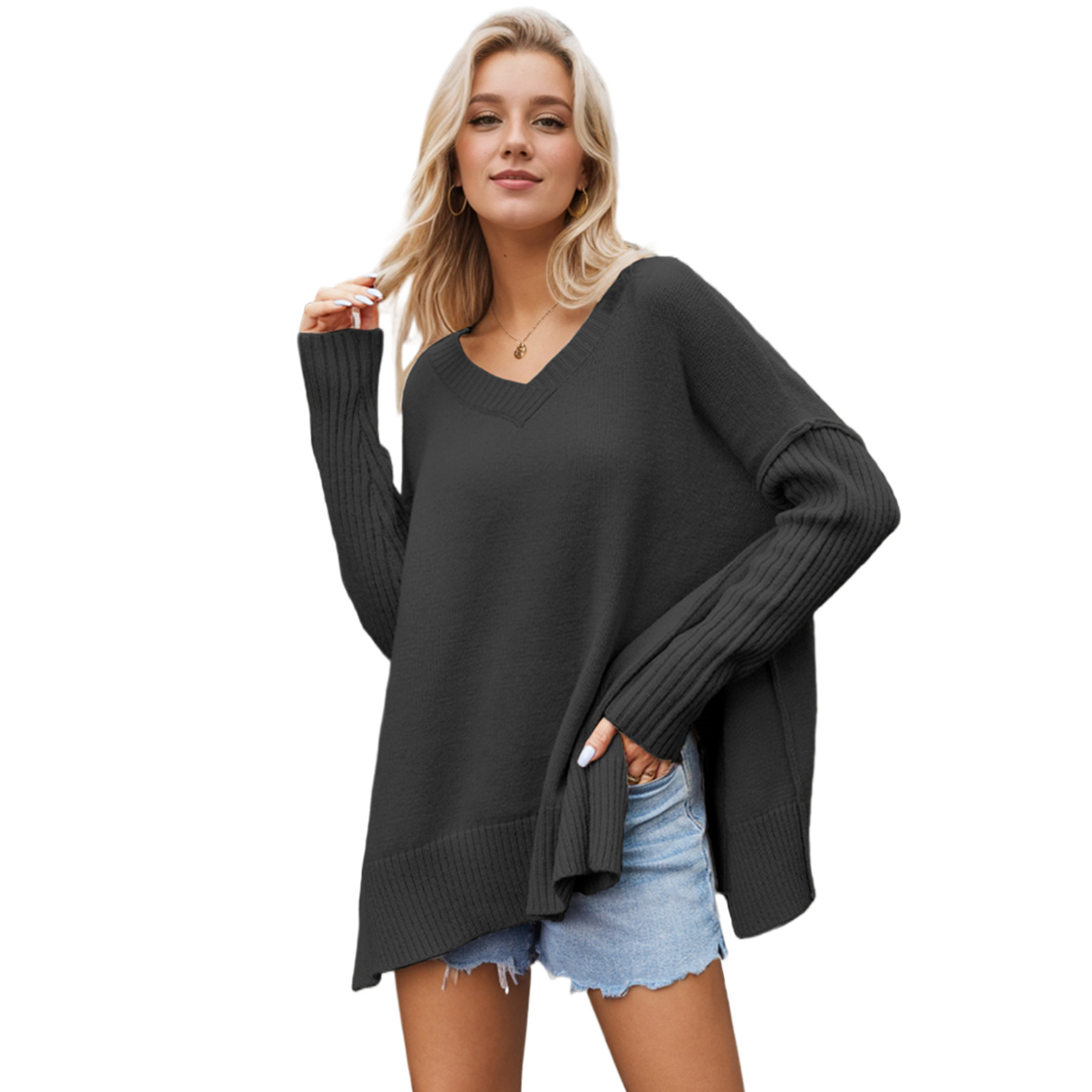 New Arrival Women's V-neck Big Size Fashion Knit Sweater Sexy Pullover Sweater