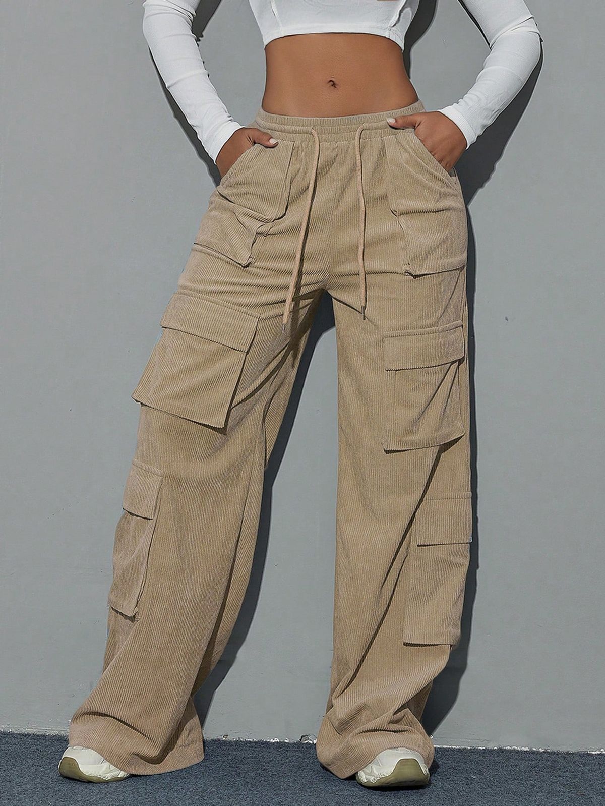 Women Plus Size Breathable Washed Mid-Waist Canvas Cargo Pants Elastic Waist Regular Fit Multi Pocket Moto Biker Wide Leg Autumn