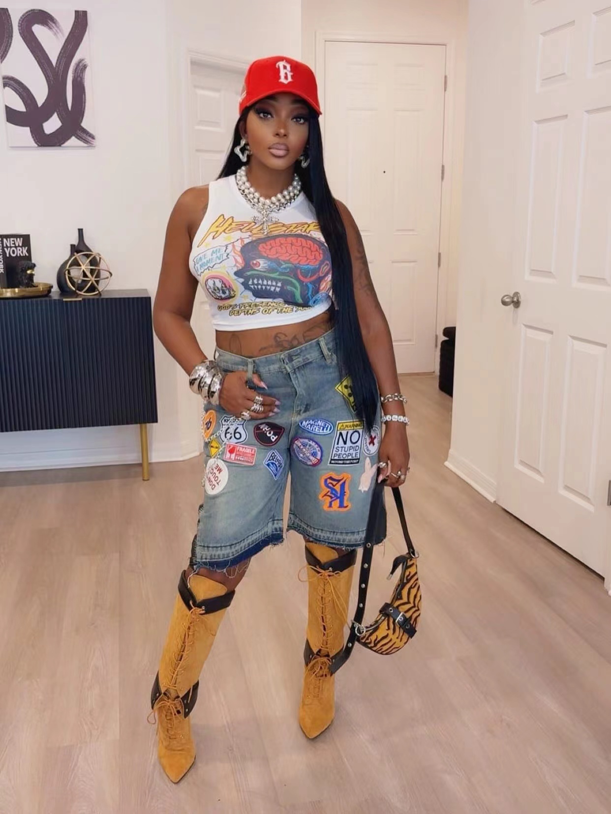 Women Print Tops Sets And Denim Shorts Sets Street Denim Jeans Shorts Women's Sets For Digital Print Top &amp; Denim Shorts Set