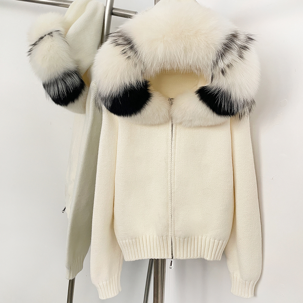 OFTBUY Real Fox Fur Collar Knitted Cardigan Women Detachable Fur Hooded Zipper Sweater Jacket Loose Oversize Winter Coat