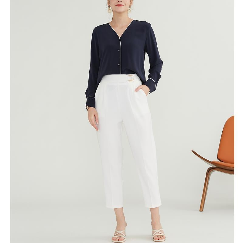Contrasting Color French V-neck Silk Long Sleeves Blouse Ladies Tops