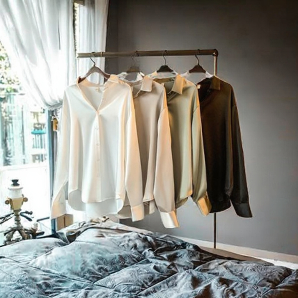 Women's Fashionable Satin Blouse Long Sleeve Turn-Down Collar Spring and Autumn Top with Button Decoration for Summer Wear