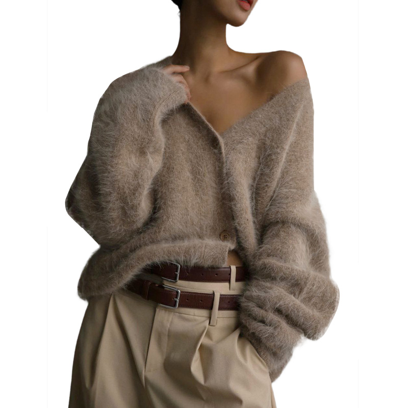 Women's New Casual Style V-Neck Cardigan Sweater With Button Front Logo Fuzzy Knitted Loose Fit
