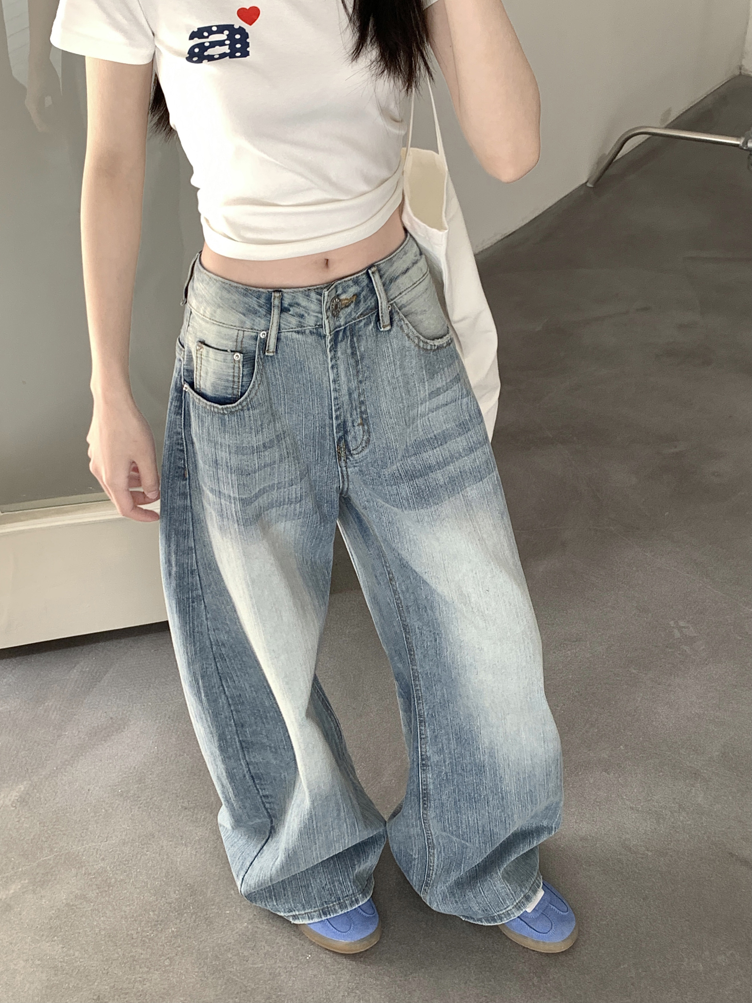 Vintage Nostalgic Machete Pants Women's High Waist All-Season Light Blue Denim Jeans Autumn Washed Loose Trousers with Wide Leg