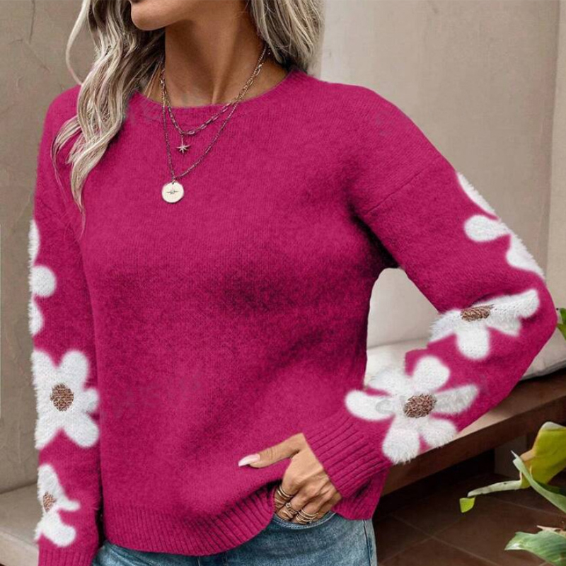 2024 Autumn Winter Elegant Flower Jacquard Knitted Pullover for Women with Front Logo Casual Style