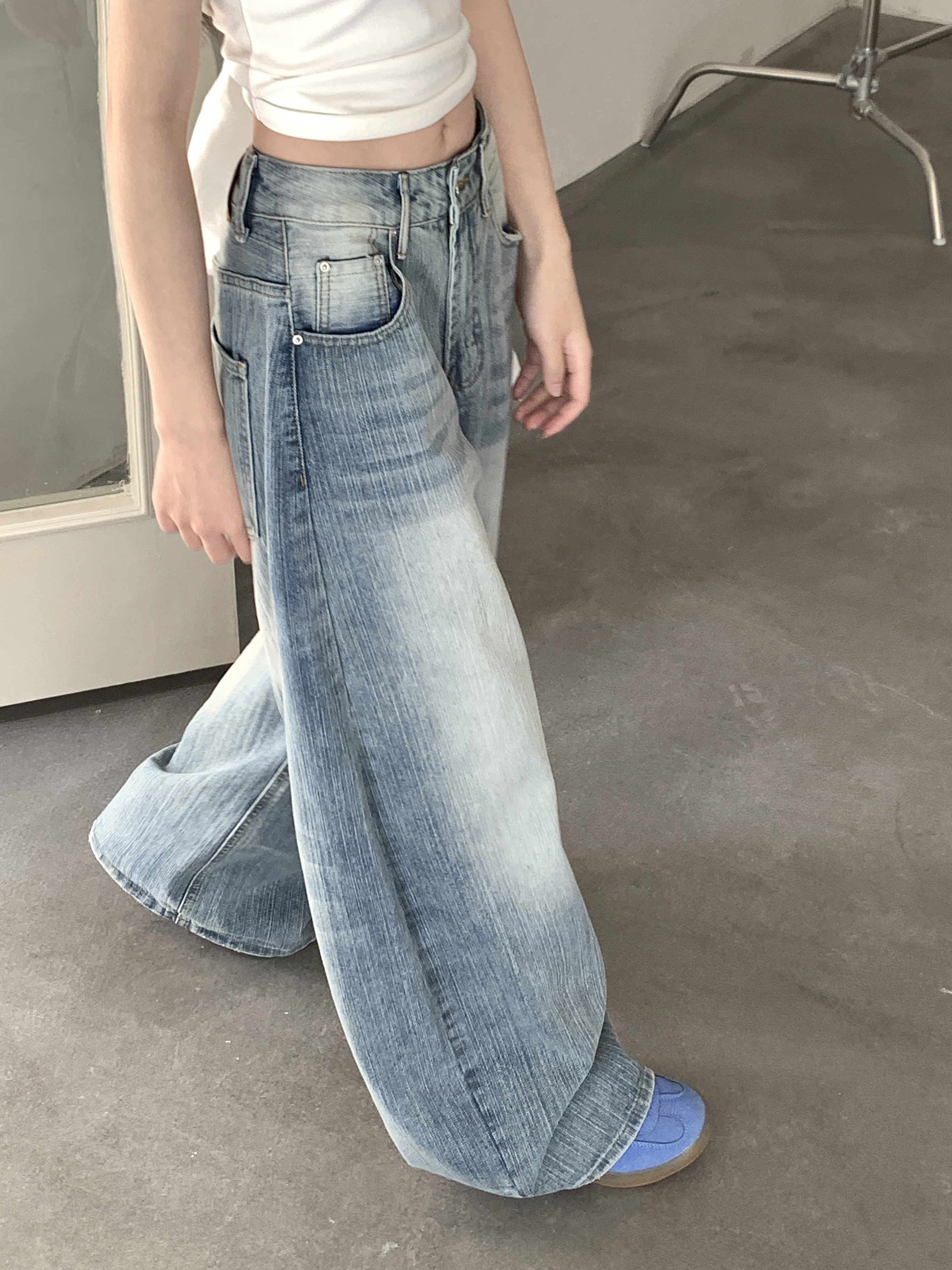 Vintage Nostalgic Machete Pants Women's High Waist All-Season Light Blue Denim Jeans Autumn Washed Loose Trousers with Wide Leg