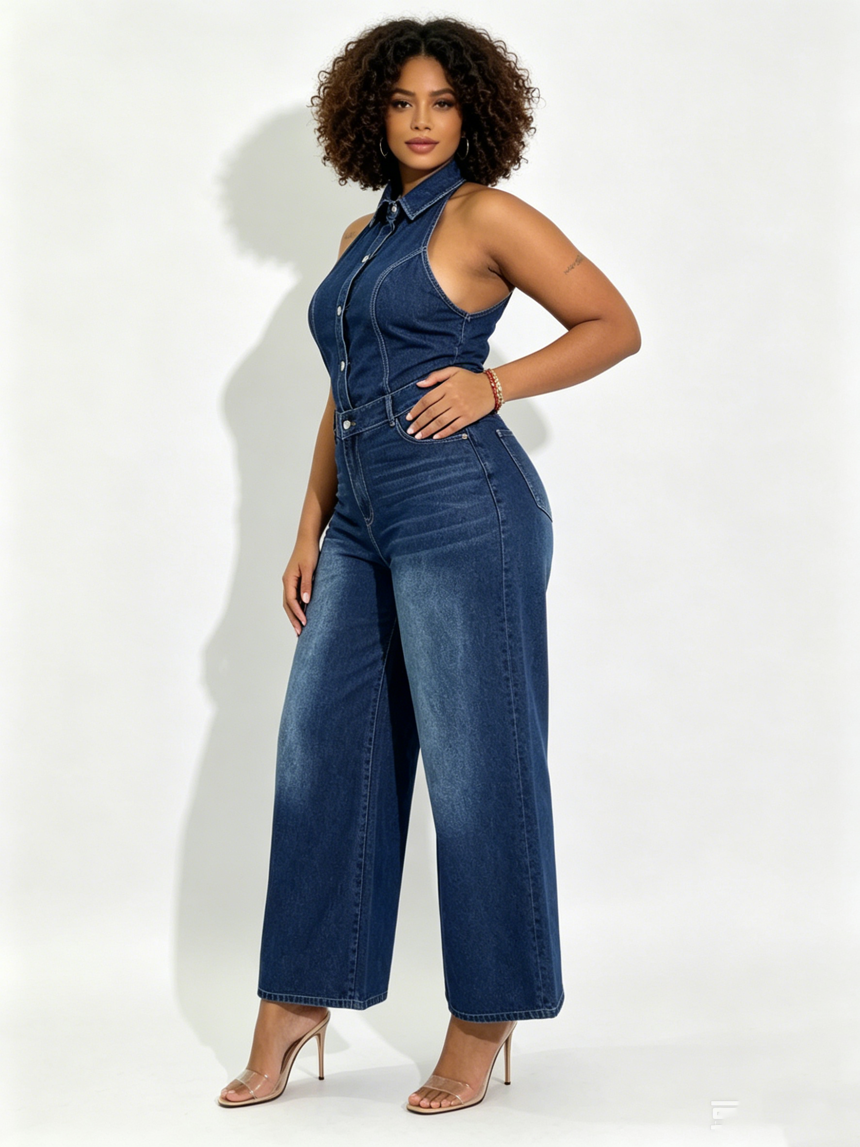 Wide Leg Denim Jumpsuit Women Halter Neck Sexy Backless Button Down Overalls Trendy Lapel One-Piece Jean Outfit