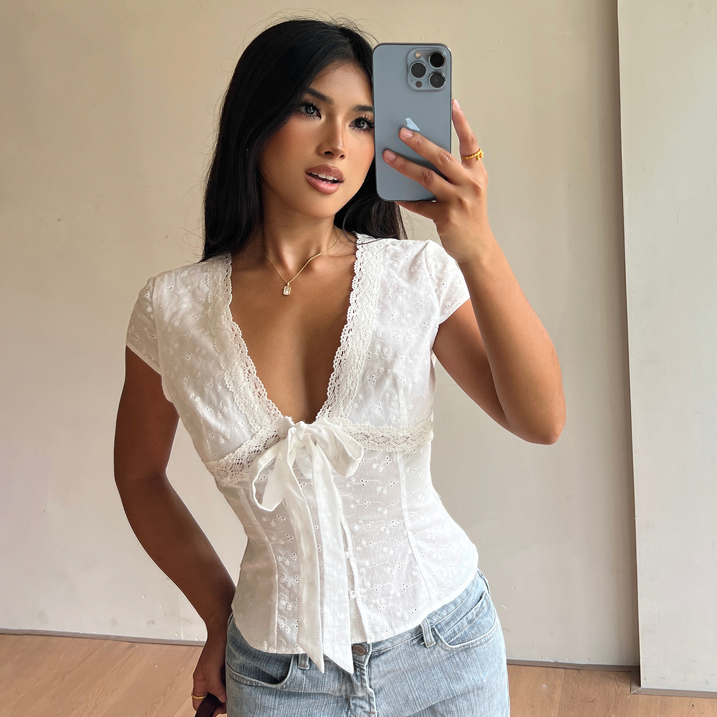 White Lace Floral Summer Sexy Vacation Style Tie Front Women's Blouse V Neck Button Front Shirt Office Workwear Top