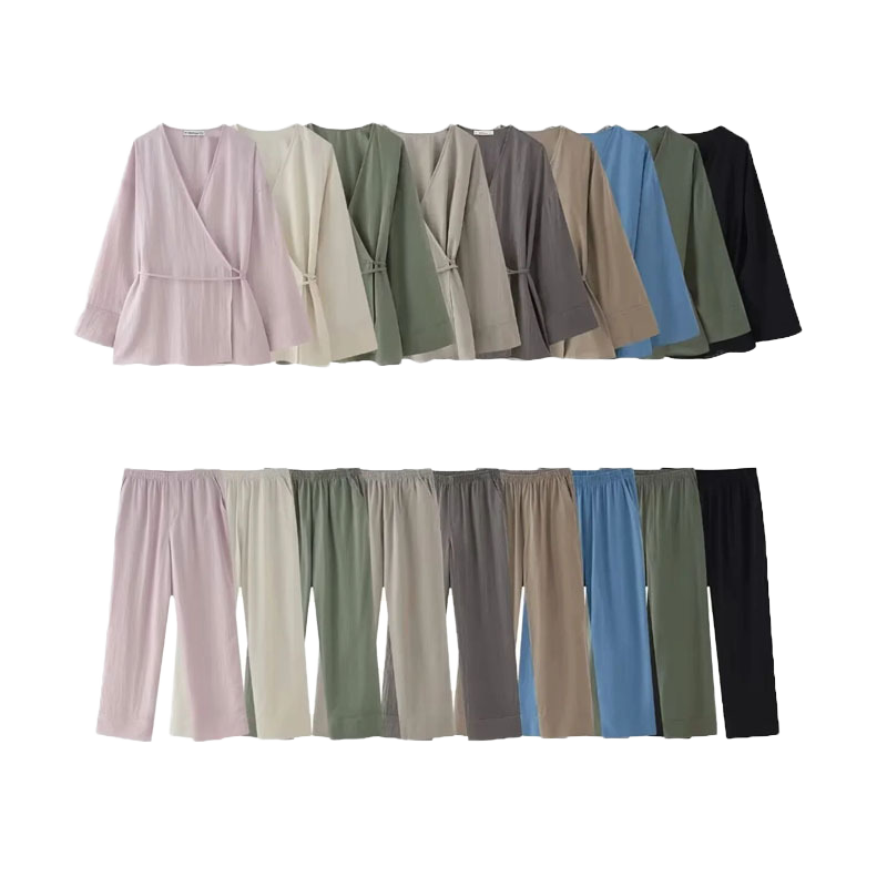 Women Cotton Linen Two Piece Sets Casual Solid Long Sleeve Shirt Trousers Suits Vintage Fashion Blouse Short Waterproof