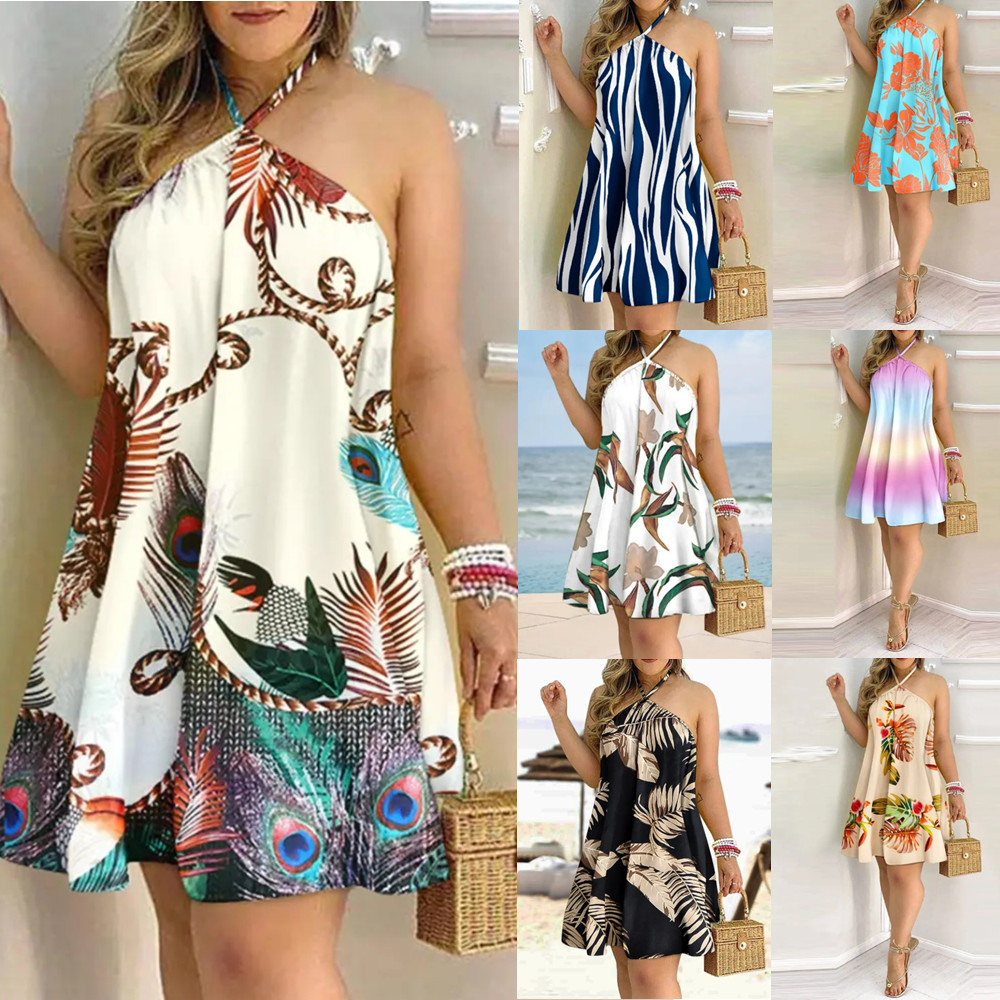 2026 for Bestseller Summer Printed Off-Shoulder Halter Neck Tie Loose Midi A-Line Gradient Color Women's Dress