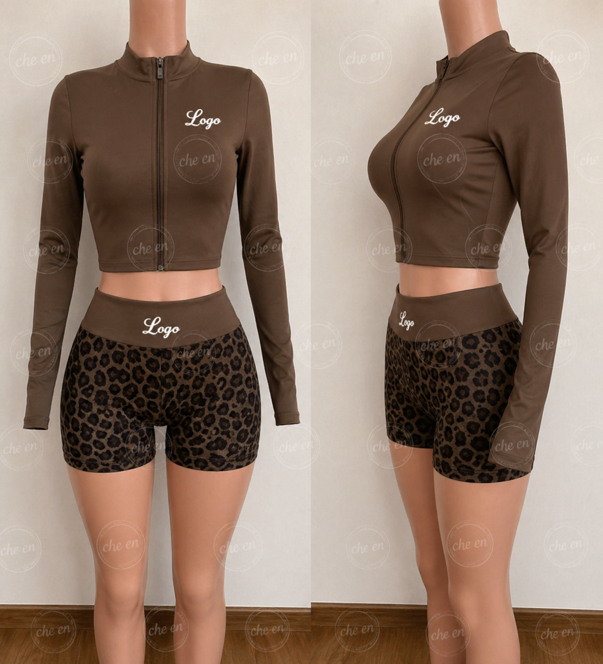 Custom Women 2 Piece Workout Sets, Long Sleeve Zip up Crop Top High Waist Leopard Print Biker Shorts Activewear Women's Sets