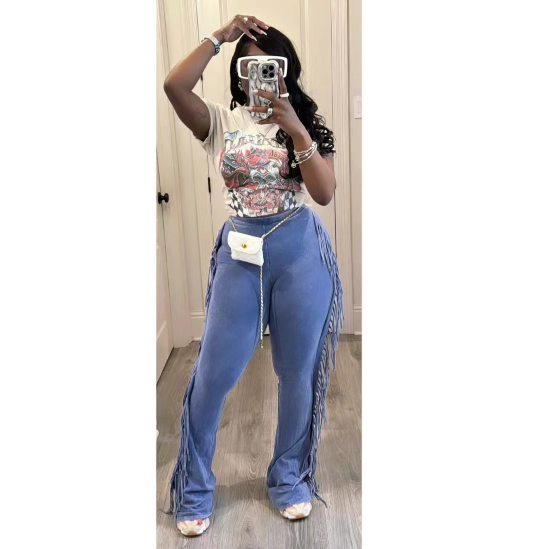 Women's Tassel Pants Trousers Acid Wash Street Stacked Sweatpants Soild Fringe Stretch Flare Cargo Pants Fall Clothes for Women