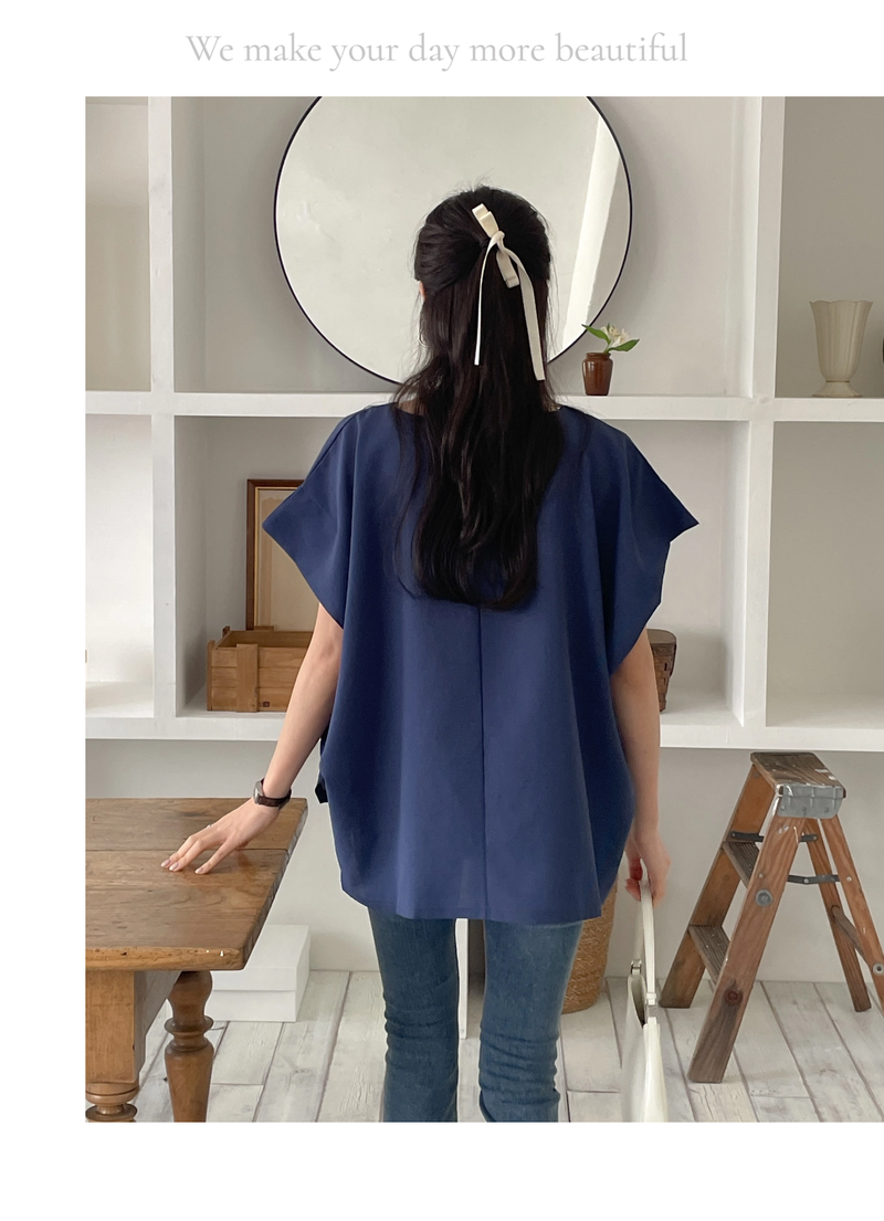 ELEGANT Relaxed Boxy Fit Women's Summer Blouse with Short Sleeve One-Shoulder Plain Dyed Polyester/Cotton Material Made in Korea