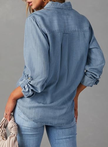 Women's Cotton Denim Blouse Top Button Casual Long Sleeve Plain Dyed Solid Pattern for Spring Autumn Women's Blouses Shirts