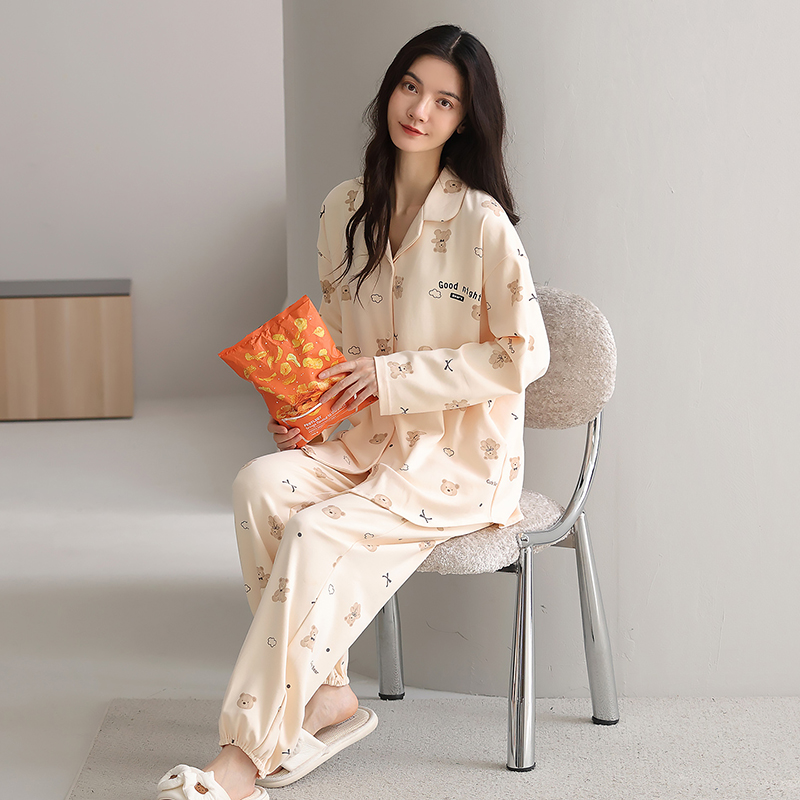 Cotton Women's Breathable Thermal Luxury Elegant Soft Sleepwear Spring Autumn Long Sleeve Pocketed Plus Size Casual Pajamas