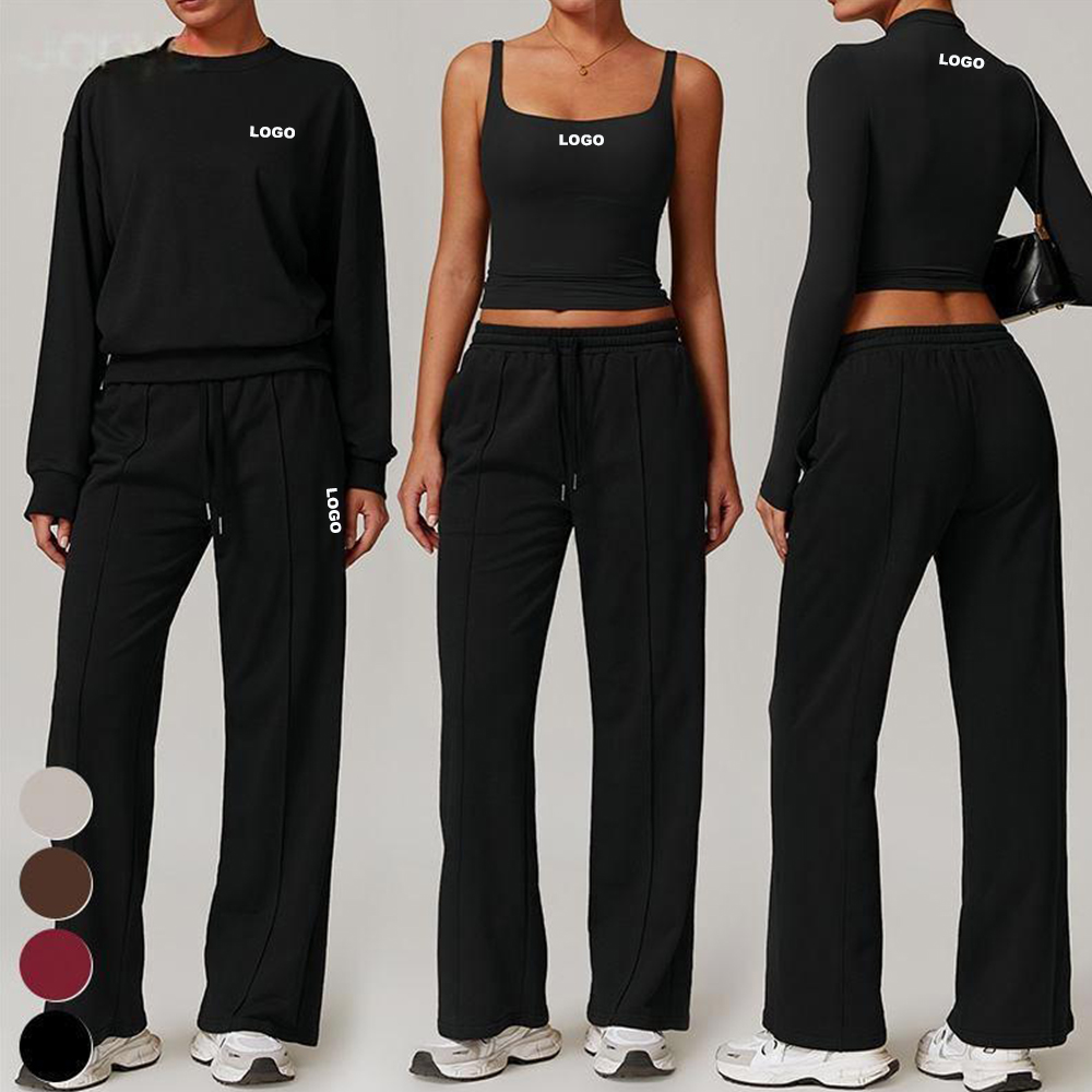 Joyyoung New Women 4pcs Suit Long Sleeve Gym Tank Top Jogger Sweatpants Sweatshirt Clothing Yoga Vest Sports Bra Fiess Set