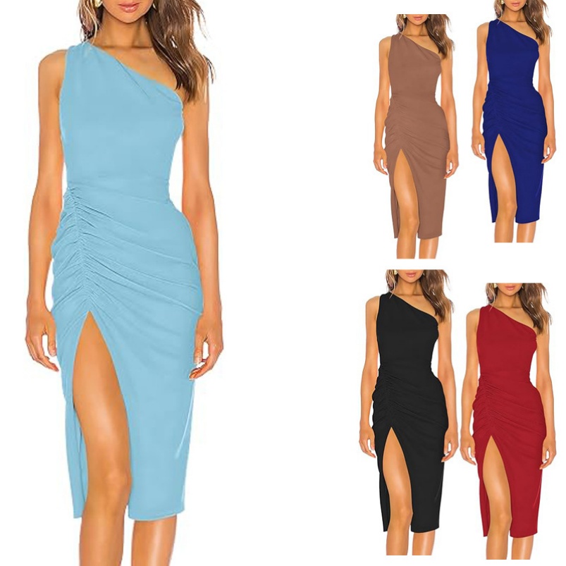 Women's One-shoulder Pleated Sheath Dress Sexy Sleeveless Slit Mid-length Party Cocktail Wedding Guests