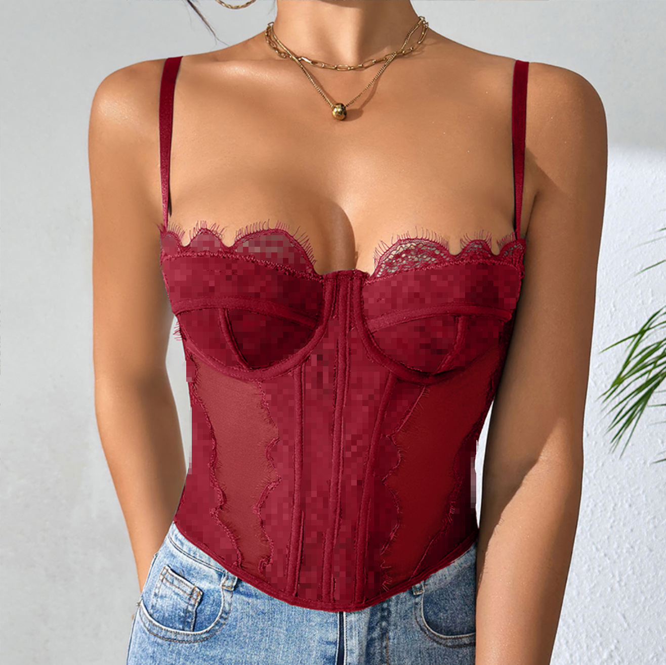 Women Lace Bustier Top Sexy Sheer Mesh See Through Spaghetti Strap Slim Y2K Going Out Night Club Party Corset Tops For Women