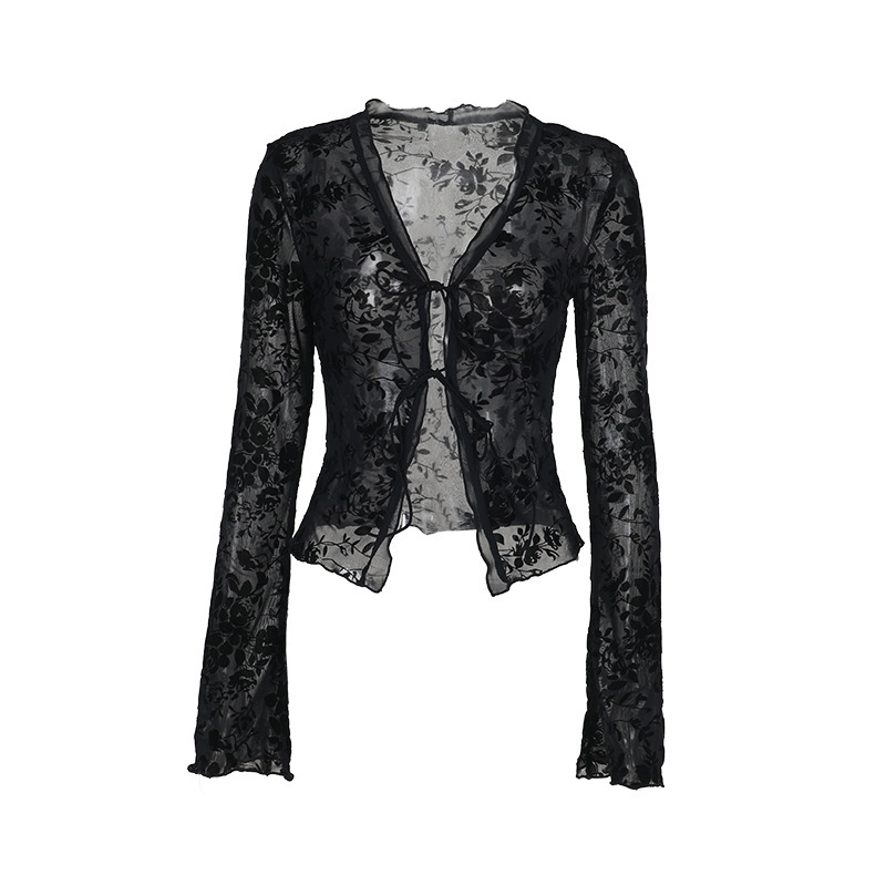 High Quality Chiffon Blouse Sexy V-Neck Ruffled Bell Sleeves Women Shirts Wholesale Plants &amp; Flowers Pattern Women's Top