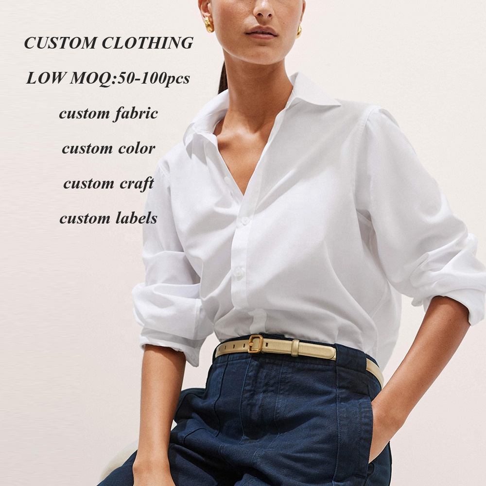 Manufacturer Oem Button up Front White Blouses Elegant Tops Women Relaxed Fit Long Sleeve Basic Cotton Shirts Blouse