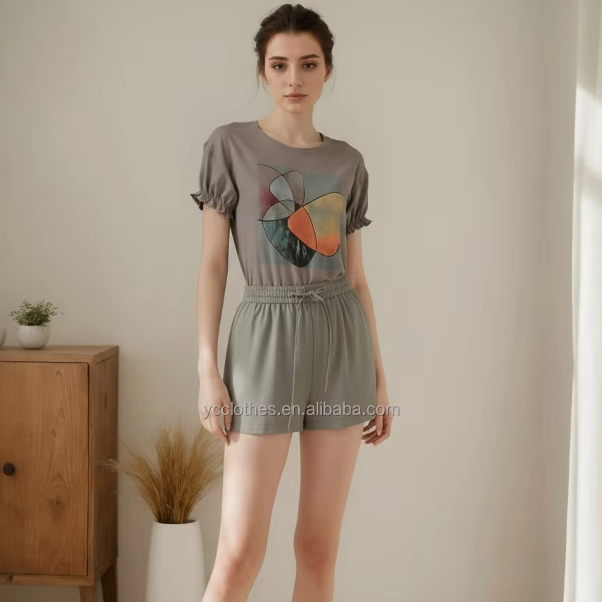 Wholesale Casual Women's 100% Linen Two-Piece Loungewear Set-Minimalist Floral Pattern Short Sleeve Top Shorts Quick Dry