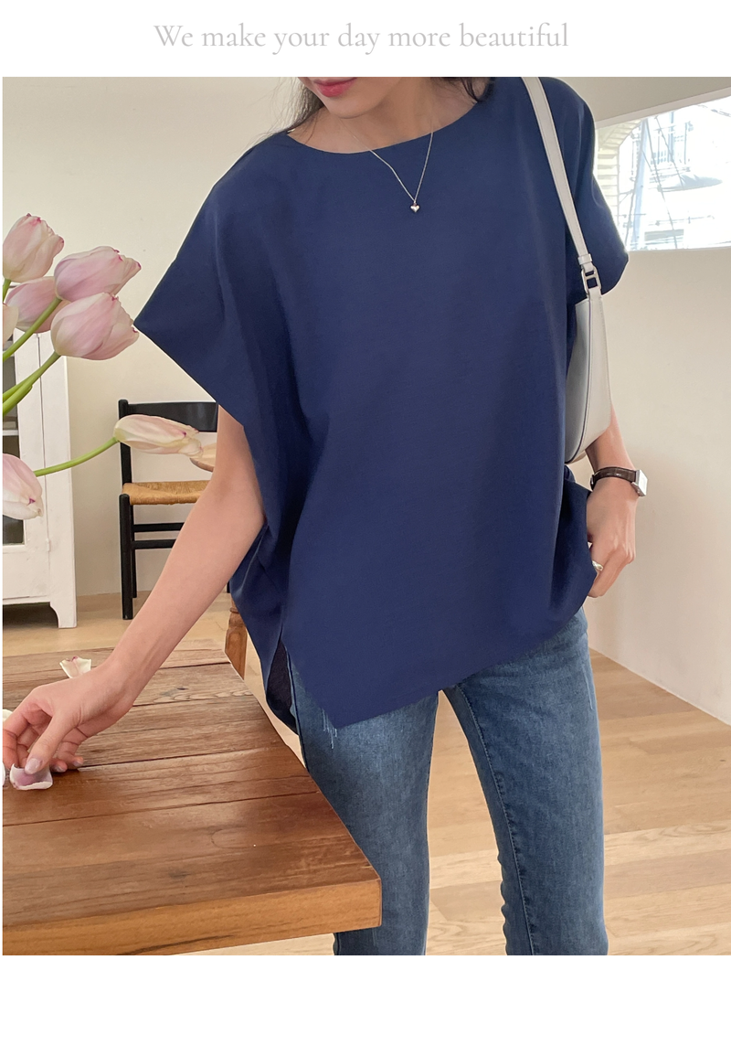 ELEGANT Relaxed Boxy Fit Women's Summer Blouse with Short Sleeve One-Shoulder Plain Dyed Polyester/Cotton Material Made in Korea