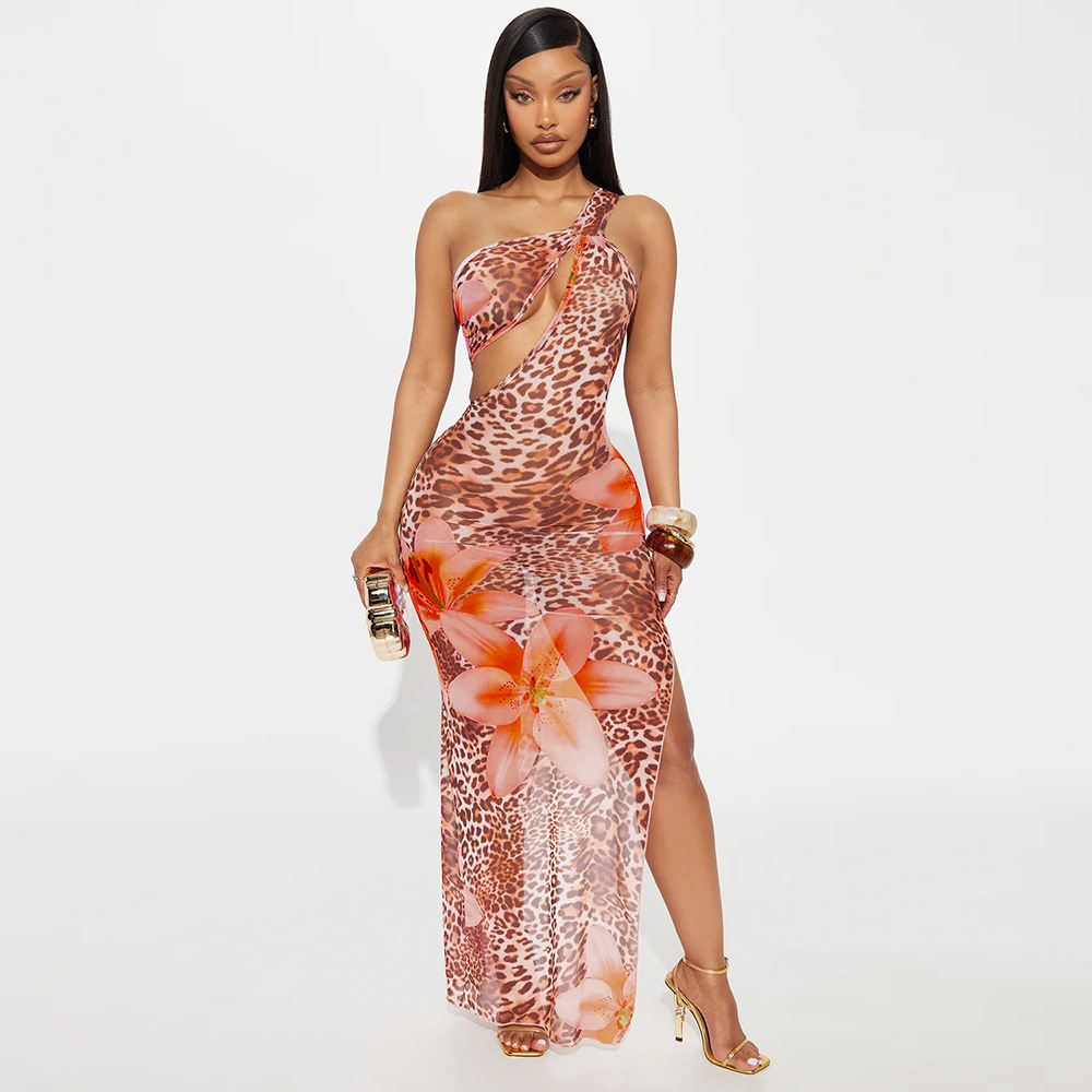 Women's New European American Style Asymmetric Neck Floor-Length Foreign Trade Hollow Sheer Mesh Printed