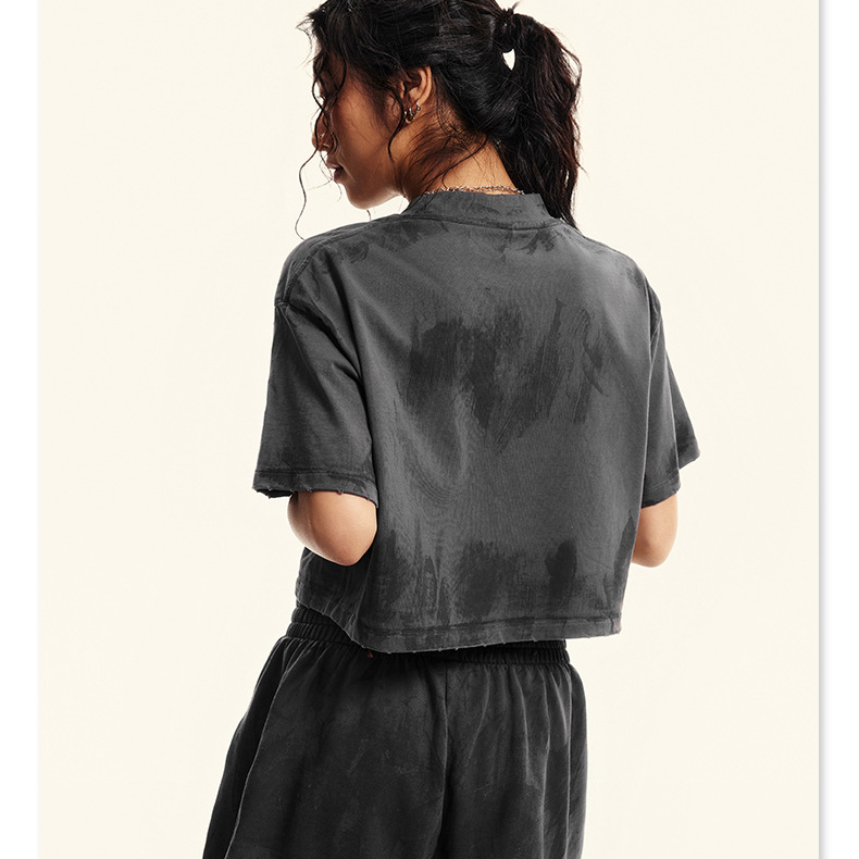 Wholesale Streetwear Heavy Cotton Custom Brush Printing Vintage Stone Washed Women's Distressed Short Length Crop T-shirts
