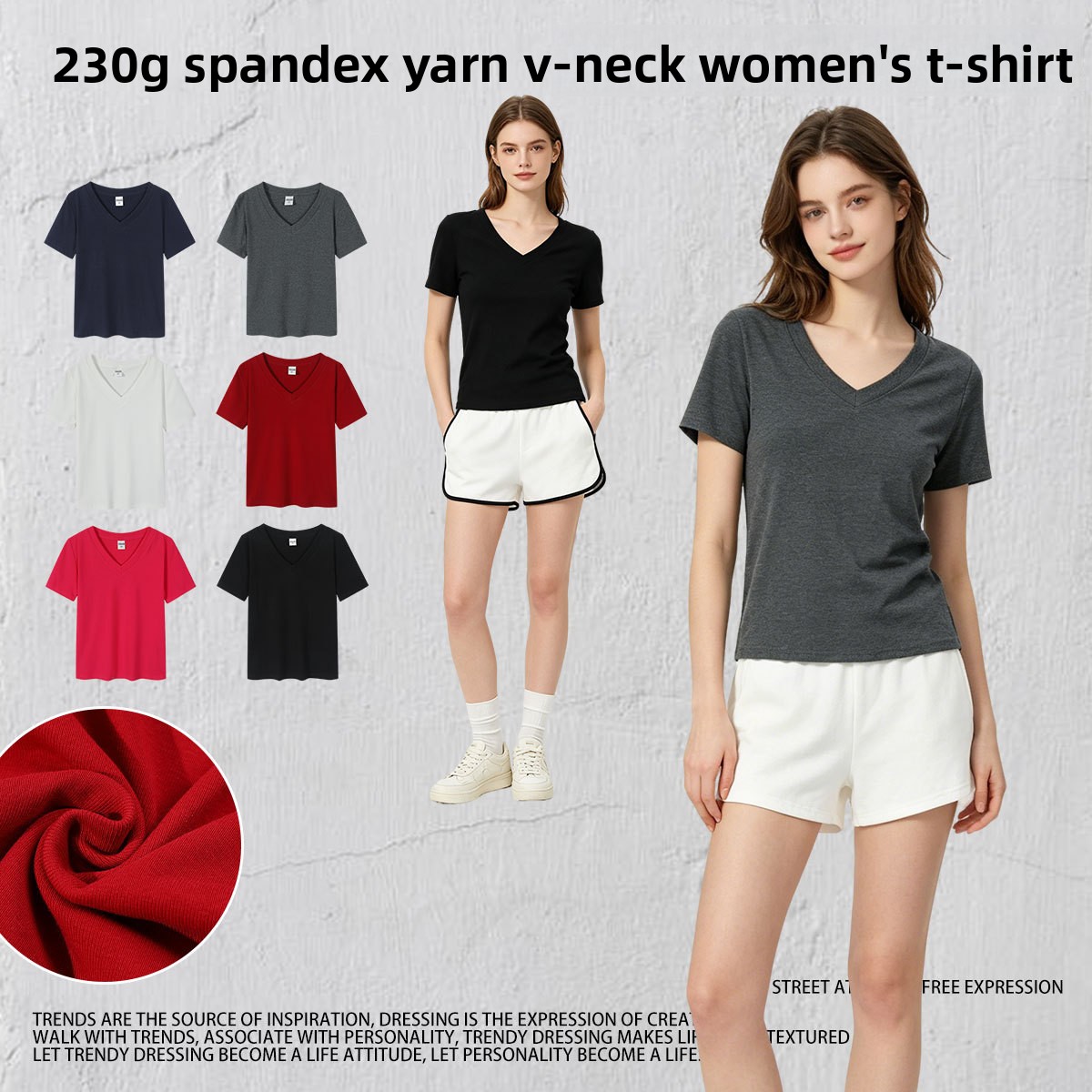 Custom 230g Cotton Spandex Yarn Slim-fit V-neck Casual Women's Summer Solid Color Printed Tie-Dyed Short Sleeve T-shirts