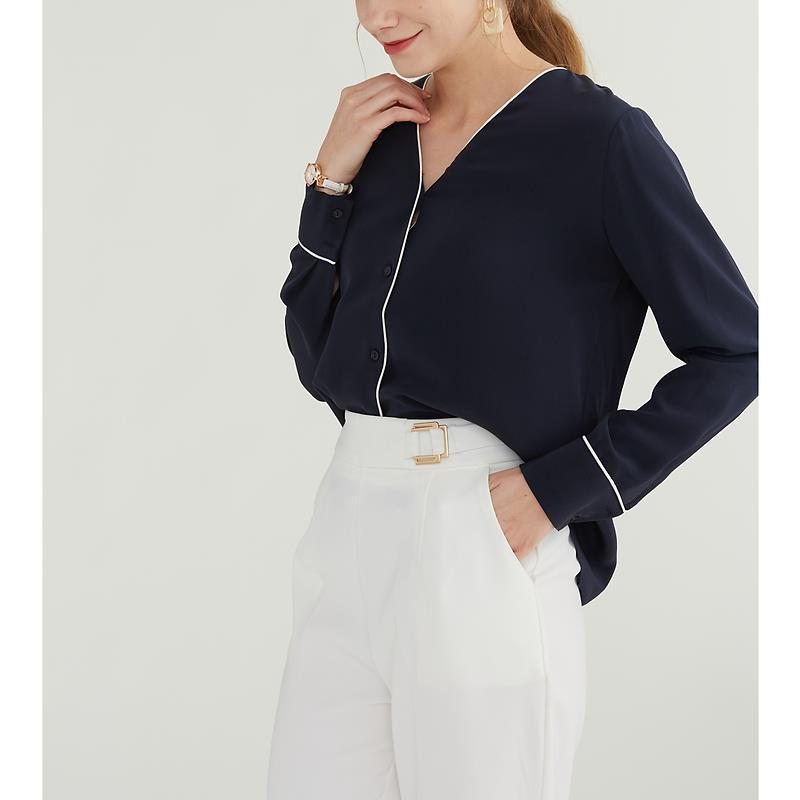 Contrasting Color French V-neck Silk Long Sleeves Blouse Ladies Tops