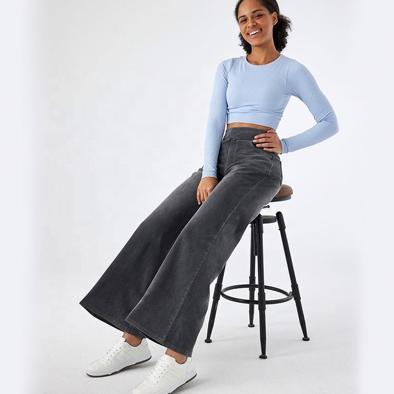 Custom Logo Women's Wide Leg Denim Pants High Waist Washed Look Loose Fit Stretch Jeans Casual Streetwear Trousers