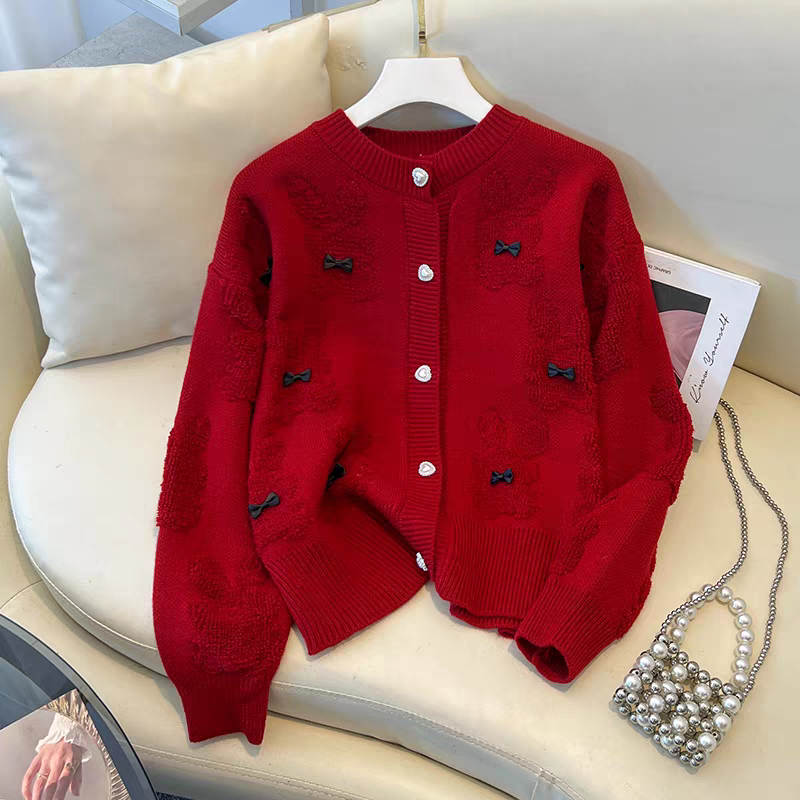 New Spring/Autumn Female Jacquard Knitted Cardigan Outerwear Casual Single-Breasted Thin Sweater With Long Bow Winter Length