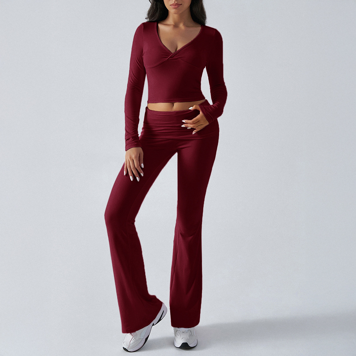 Fall 2025 OEM Activewear Loungewear 2 Pieces Flare Pants Set for Women Low Waist Leggings Foldover Trouser Lounge Wear Sets