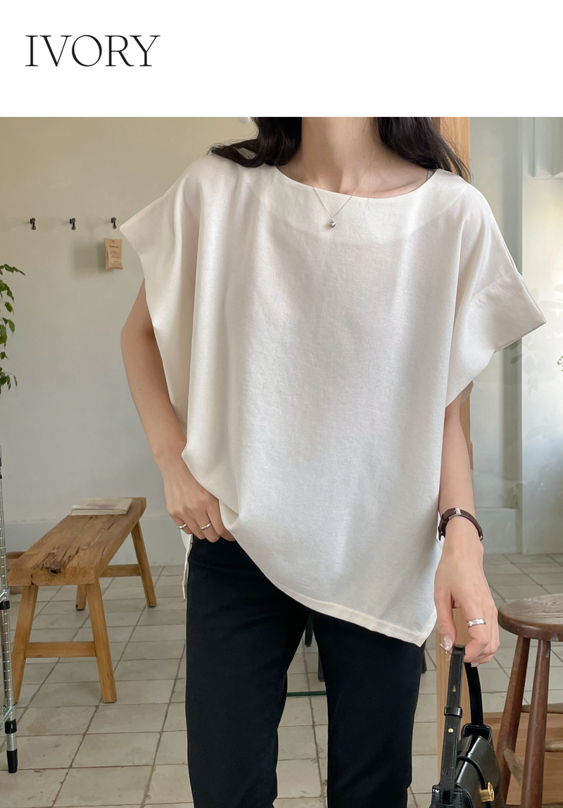 ELEGANT Relaxed Boxy Fit Women's Summer Blouse with Short Sleeve One-Shoulder Plain Dyed Polyester/Cotton Material Made in Korea