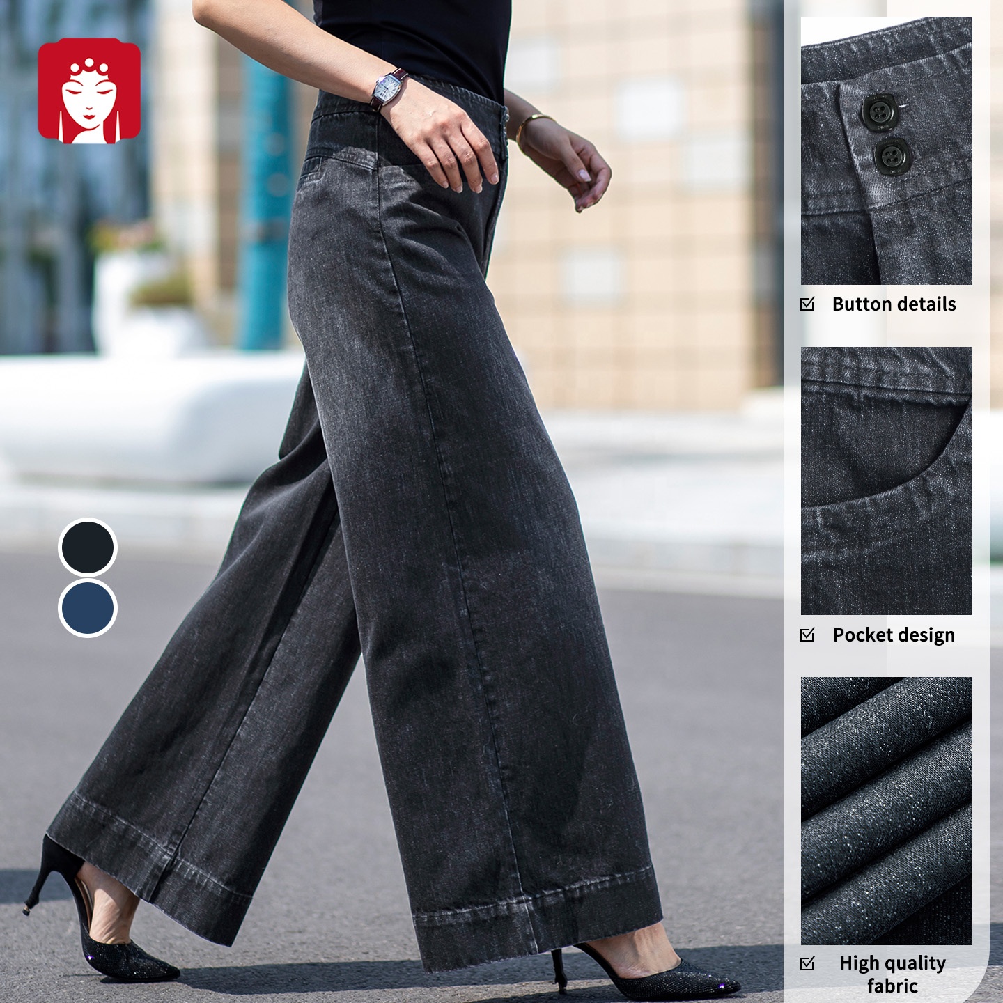 BuYiLiRenGe 2025 Women's Casual High-Waisted Loose Solid Simple Slimming Dark Wash 100% Cotton Denim Wide-Leg Trousers Autumn