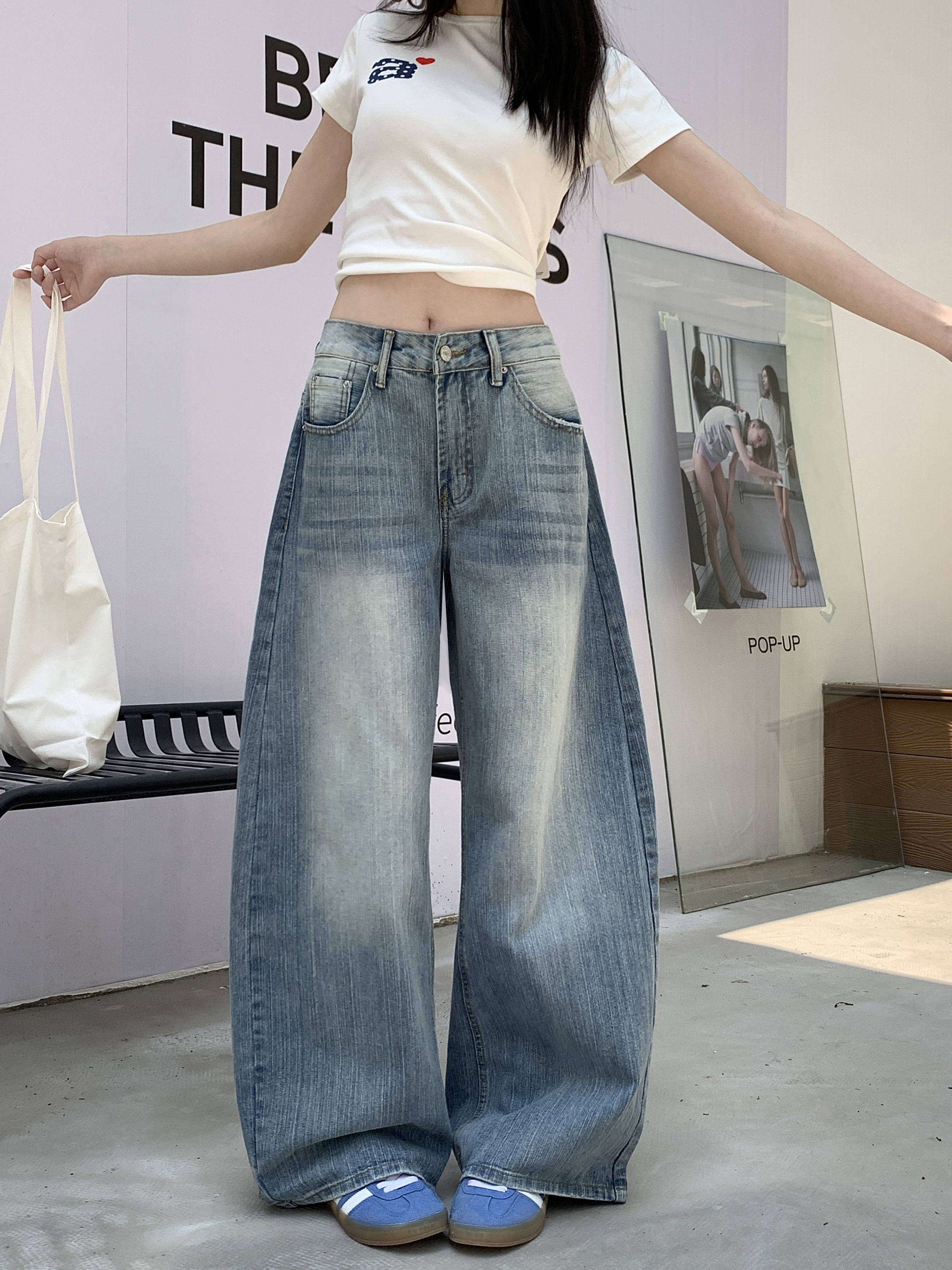 Vintage Nostalgic Machete Pants Women's High Waist All-Season Light Blue Denim Jeans Autumn Washed Loose Trousers with Wide Leg