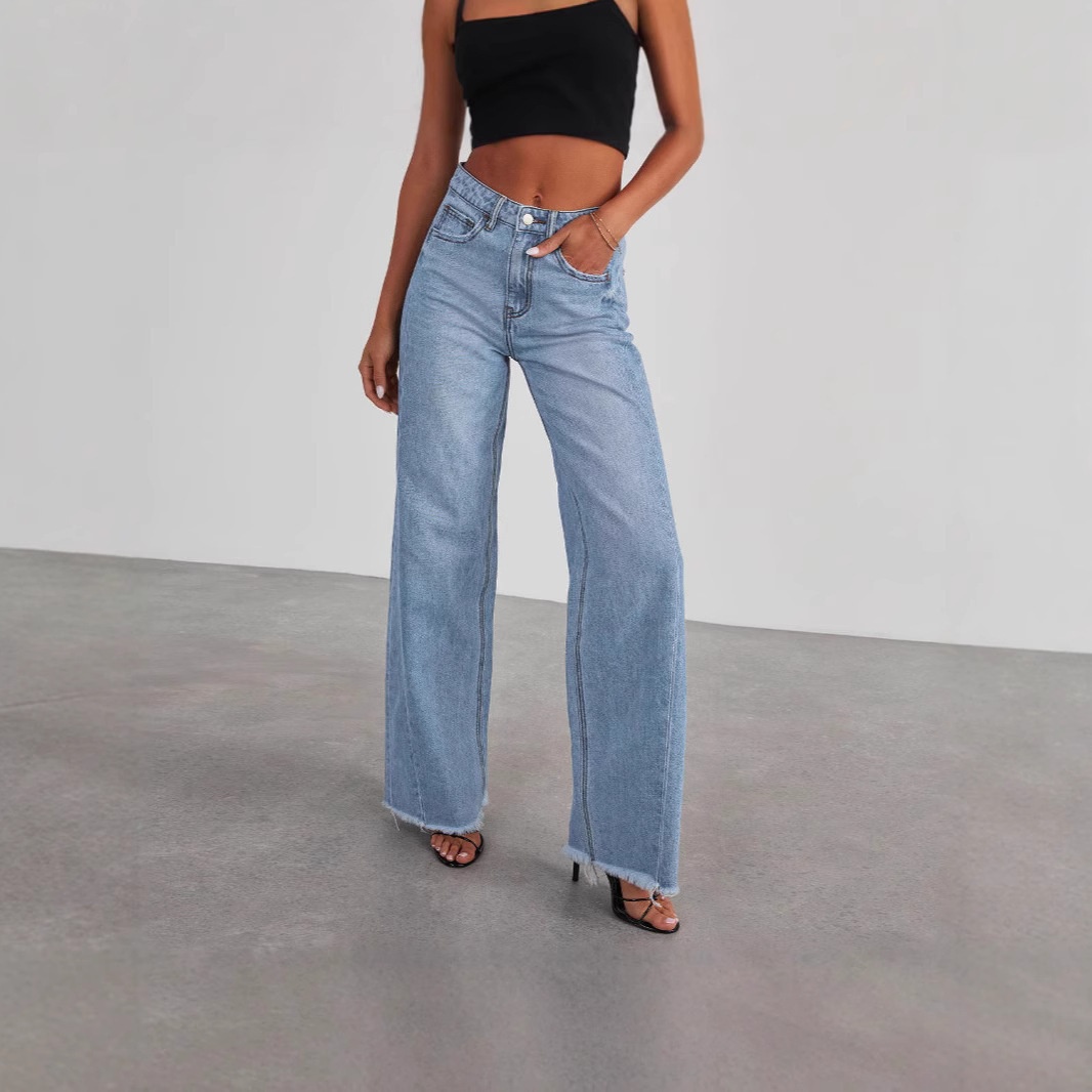Women's Wide Leg Jeans High Waisted Stretchy Raw Hem Zimbaplatinum Denim Pants