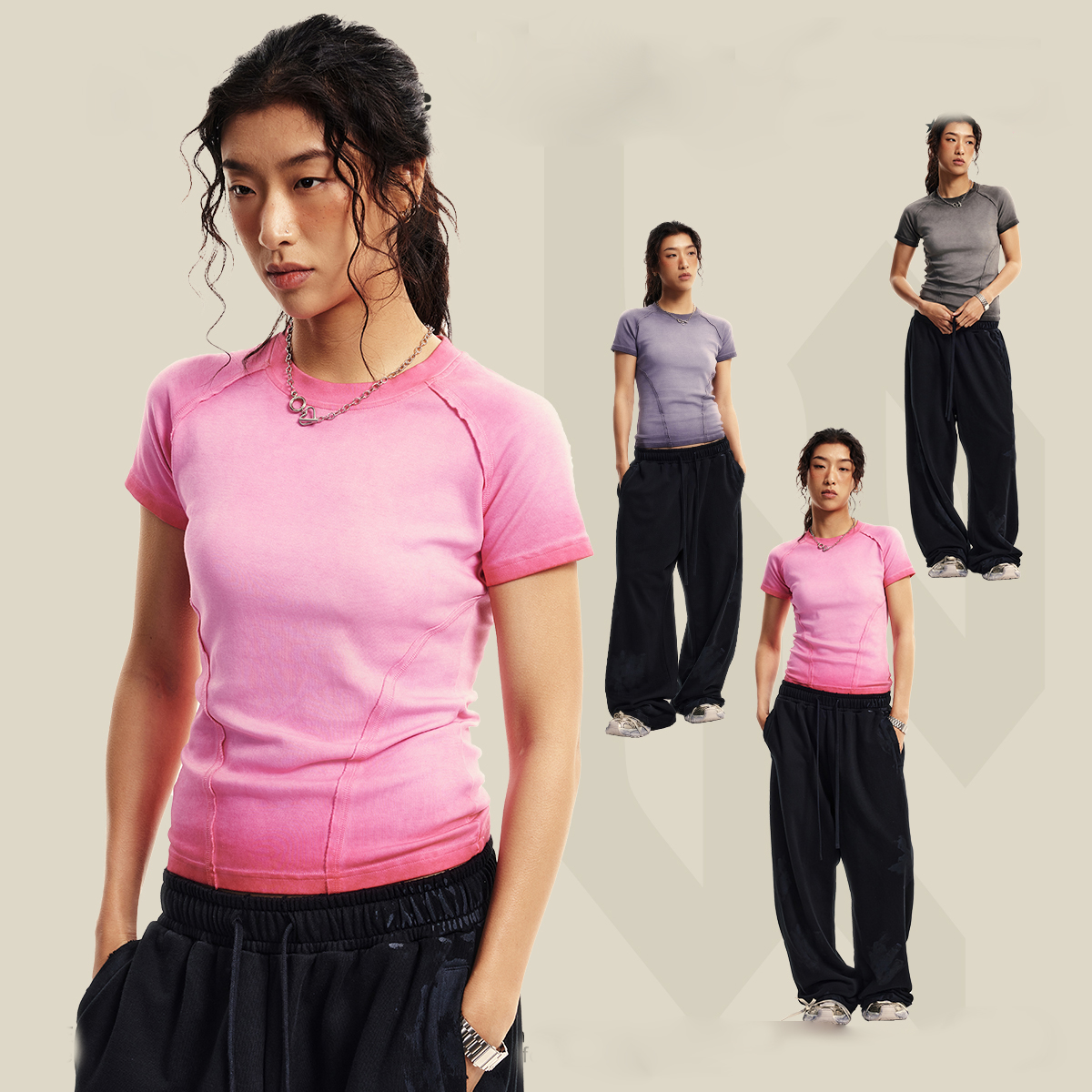 Women's Clothing 2024 Women's Hot Girls Old, Washed Gradient Women's Shoulder Short Sleeve T-shirt