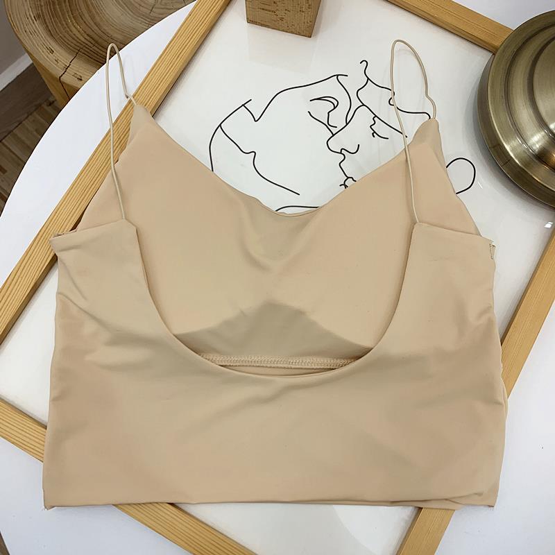 Womens Tops Sleeveless Spaghetti Strap Camisole Double Padded Push up Knitted Vest Breathable Soft Summer Ice Silk Tube Top Bra